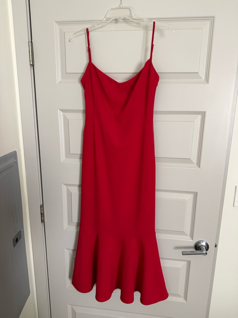 Katie May Red Cowl-Neck Slip Midi Dress with Flounce Hem